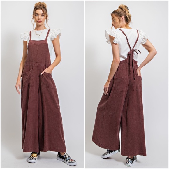 Pants - 020 Textured Cotton Adjustable Strap Wide leg Jumpsuit